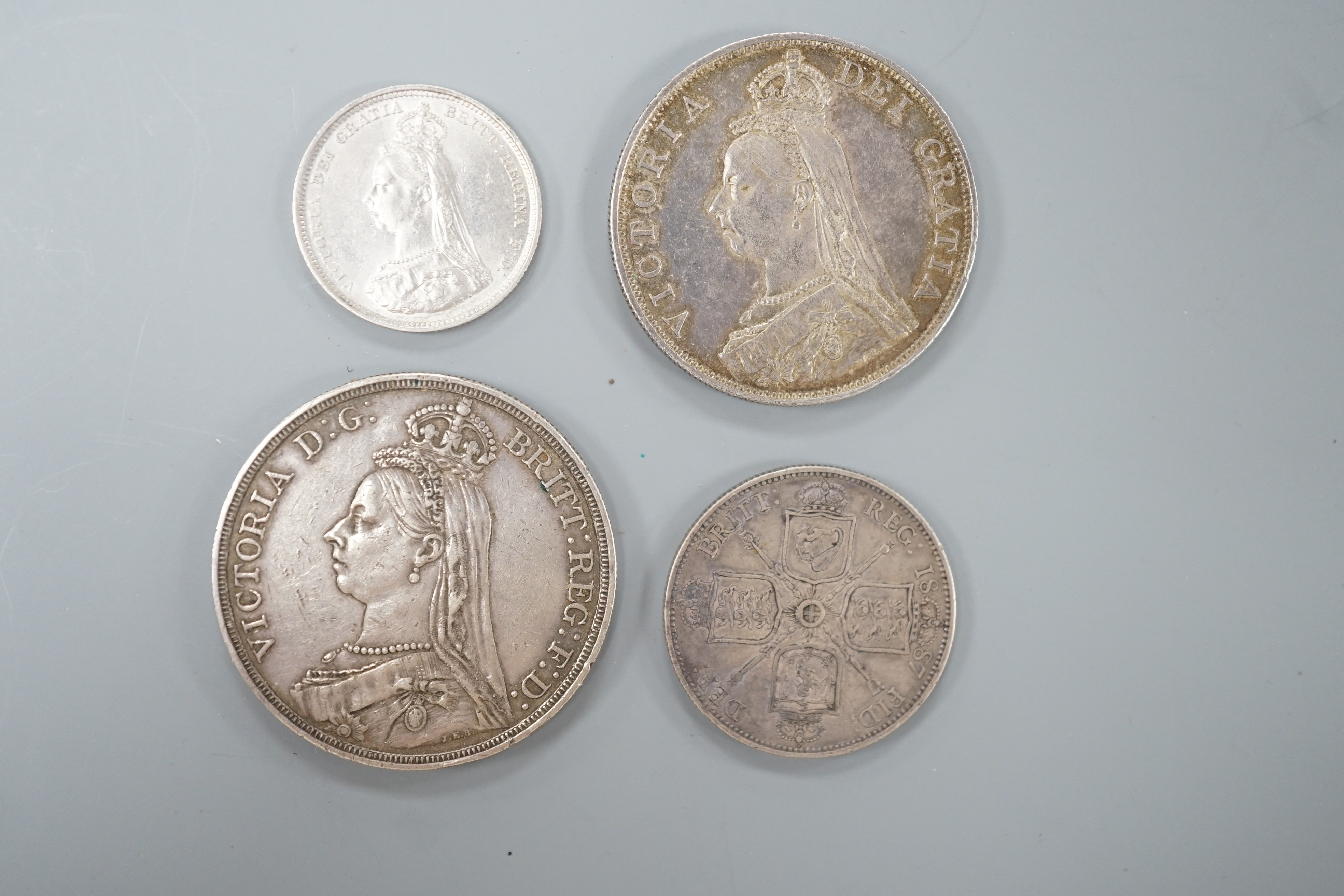 Victoria silver Jubilee head coins, double florin 1887, hairlines otherwise AEF, crown 1887, VF, florin 1887, VF, shilling 1887, EF